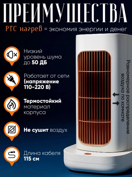 Isitgich xona va uy uchun, keramika PTC, 1300 Вт, 90 gradus burilish, 30 kv.m