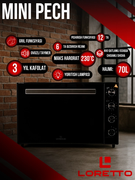 LORETTO LUX-7003GBL – elektr duxovka, mini pech, termostat, taymer konvektsiya, 70 litr - 