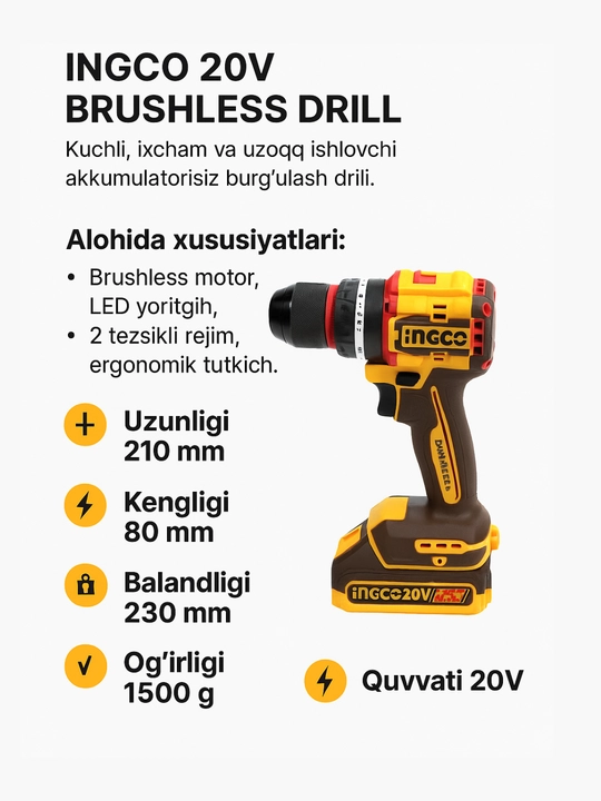 INGCO 20V Brushless Drill – professional akkumulatorsiz burg‘ulash va buragich asbobi