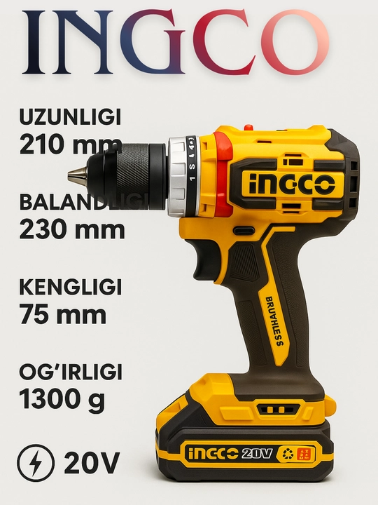 INGCO 20V Brushless Drill – professional akkumulatorsiz burg‘ulash va buragich asbobi