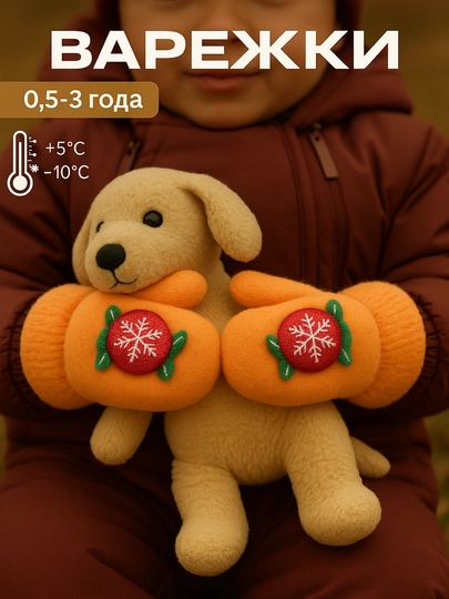 Детские зимние перчатки, без пальцев, варежки, 1-2 года — SAKO002-O16VAR-ОРАНЖ