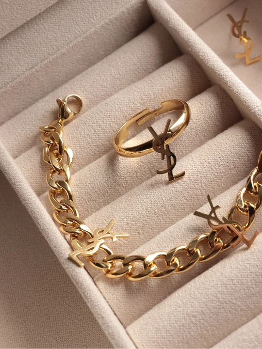Комплект YSL цепочка, кулон, толстый браслет, серьги, кольцо, женская бижутерия