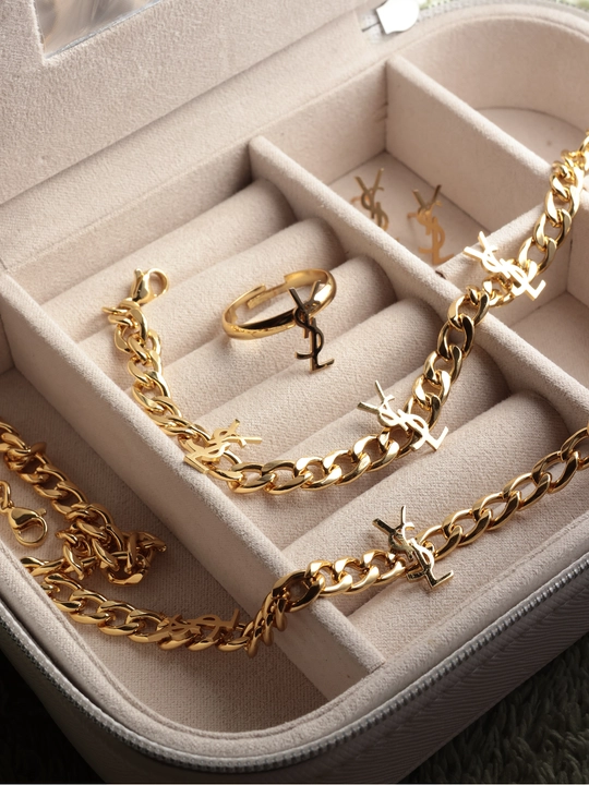 Комплект YSL цепочка, кулон, толстый браслет, серьги, кольцо, женская бижутерия