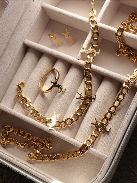 Комплект YSL цепочка, кулон, толстый браслет, серьги, кольцо, женская бижутерия