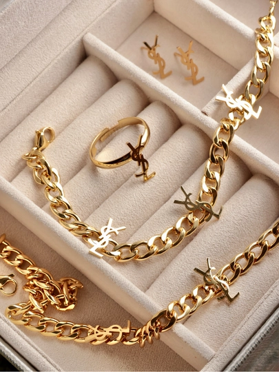Комплект YSL цепочка, кулон, толстый браслет, серьги, кольцо, женская бижутерия — BPREM-BPREM7-ЗОЛОТ-BP1520