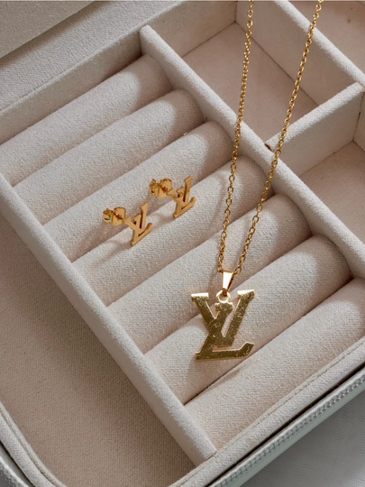 Комплект цепочка с кулоном, серьги YSL, клевер, золотой цвет, бижутерия — GODDES-GG115-ЖЕЛТ