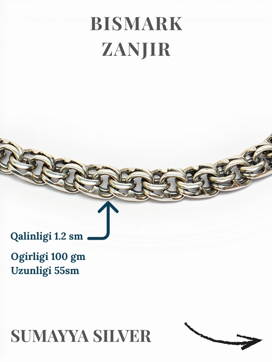 Erkaklar uchun Bismark kumush zanjir 925 proba – Sumayya Silver, 55 sm,  100 gm kordinal