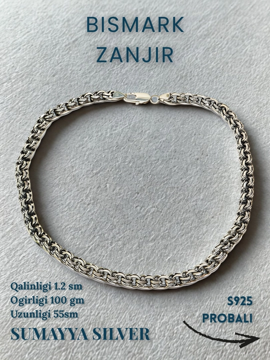 Erkaklar uchun Bismark kumush zanjir 925 proba – Sumayya Silver, 55 sm,  100 gm kordinal