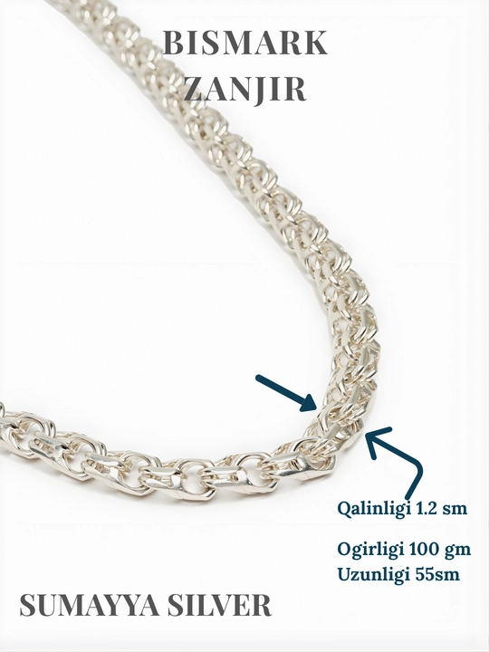 Erkaklar uchun Bismark kumush zanjir 925 proba – Sumayya Silver, 55 sm,  100 gm kordinal