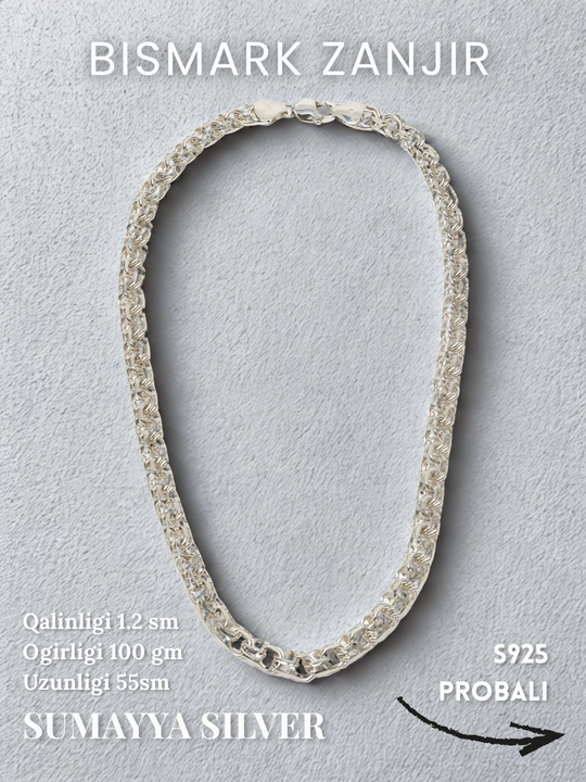 Erkaklar uchun Bismark kumush zanjir 925 proba – Sumayya Silver, 55 sm,  100 gm kordinal