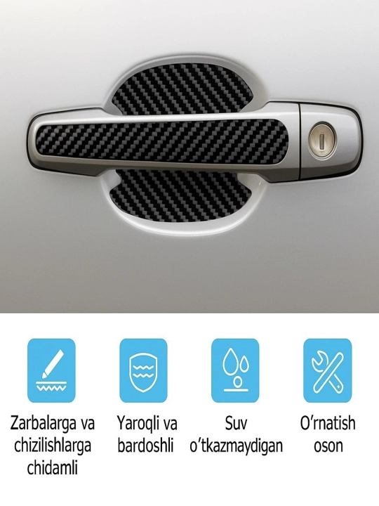 Avtomobil eshik tutqichi uchun himoya stikerlari, 8 dona — karbon/shaffof, universal