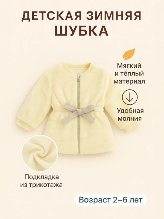 Тёплая детская шубка для девочек, с поясом, мягкий мех, размеры 2–6 лет