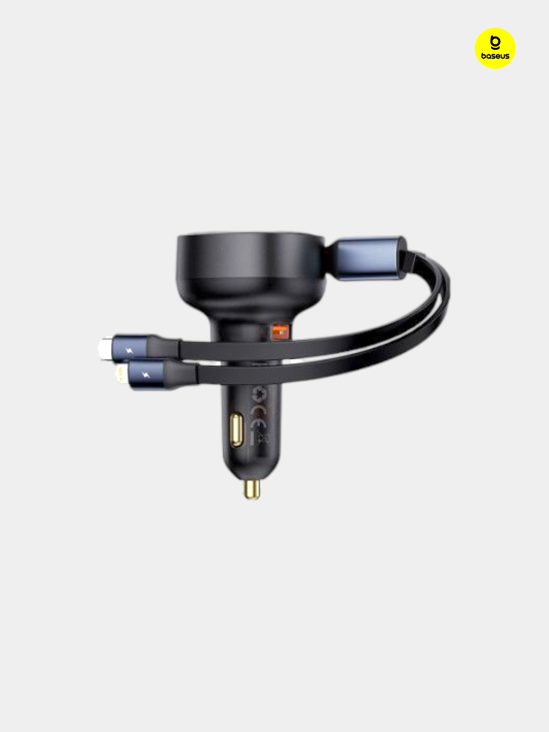 Baseus USB-A avtomobil quvvatlagichi Type-C va Lightning 60W qora rangda