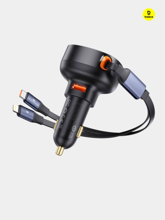Baseus USB-A avtomobil quvvatlagichi Type-C va Lightning 60W qora rangda