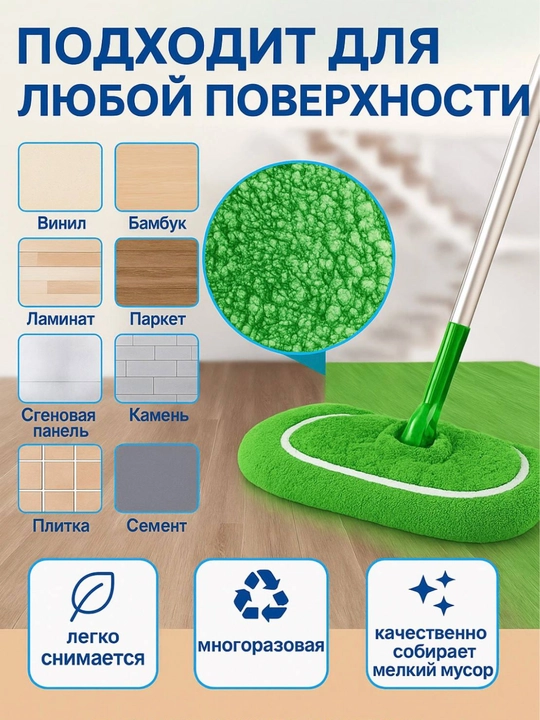 Тряпка - насадка на швабру, сменная, с двумя кармашками, для мытья пола, из микрофибры