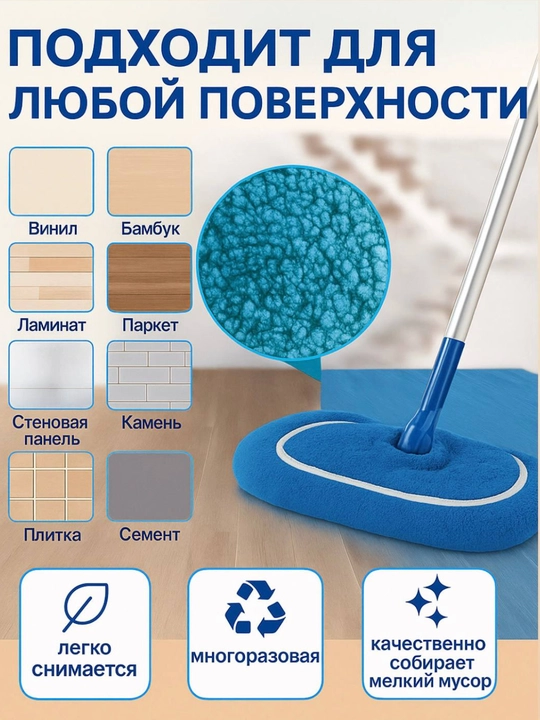 Тряпка - насадка на швабру, сменная, с двумя кармашками, для мытья пола, из микрофибры