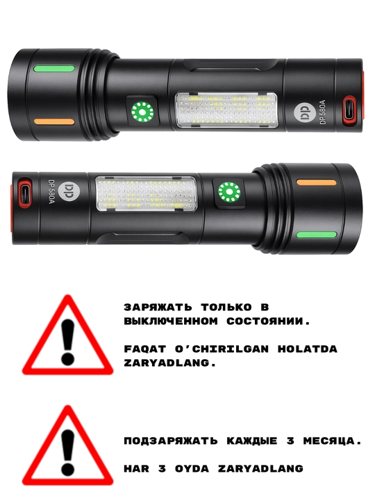 LED фонарь 580A, 3.3 Вт, 1200 мАч, 5 режимов, зарядка Type-C, с функцией зума