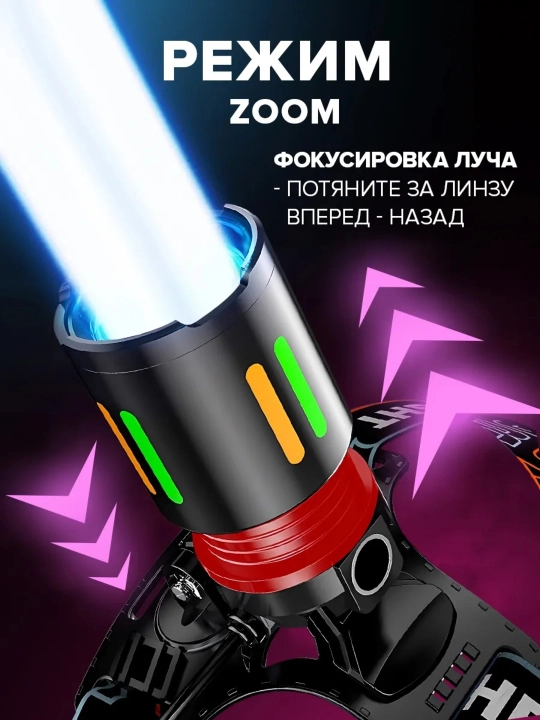 Bosh fonar, 3 ta 18650 akkumulyator bilan, orqa fonar, 7 rejim va PowerBank funksiyasi