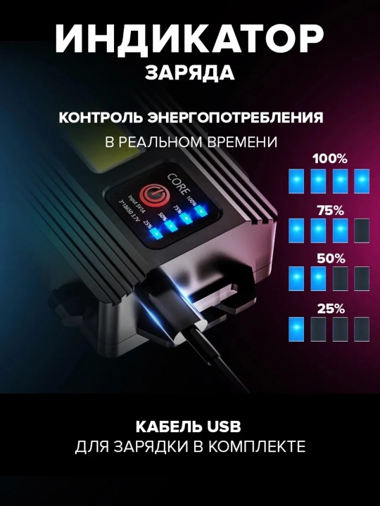Bosh fonar, 3 ta 18650 akkumulyator bilan, orqa fonar, 7 rejim va PowerBank funksiyasi