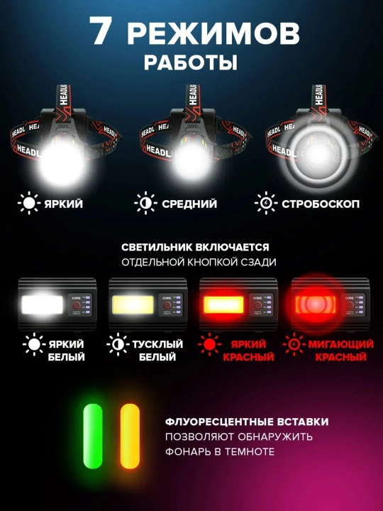 Bosh fonar, 3 ta 18650 akkumulyator bilan, orqa fonar, 7 rejim va PowerBank funksiyasi