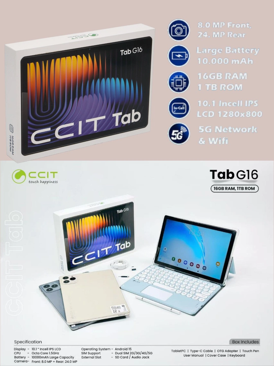 Планшет CCIT Tab G16, 10,1 дюйма incell IPS LCD, 16 GB/1 TB, Android 15 ...