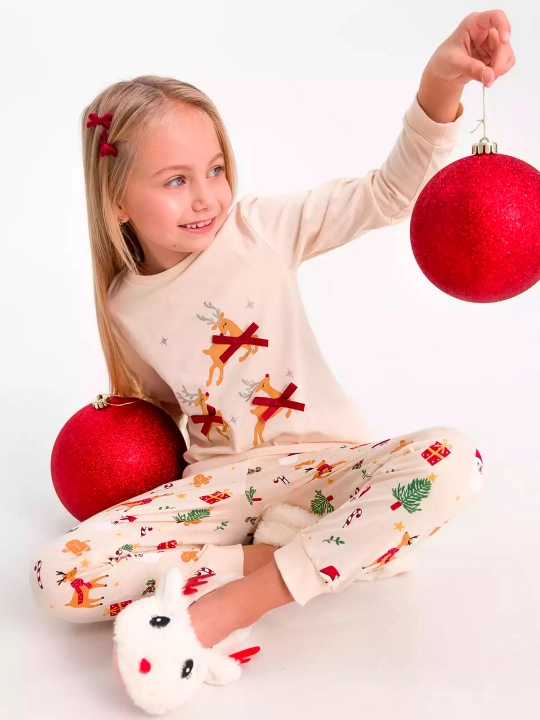 Qiz bolalar uchun pijama yangi yil rasmi bilan paxta NEO
