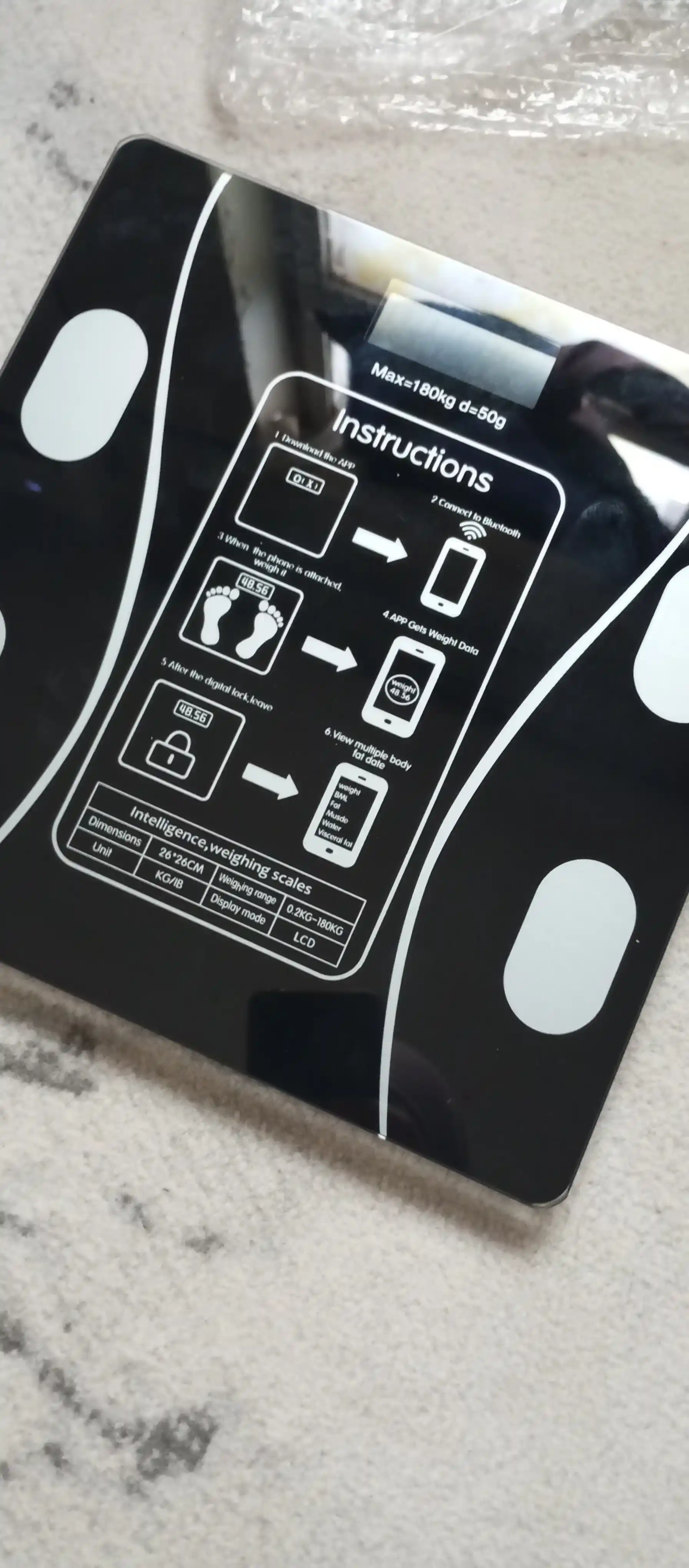Elektron tarozi, uy uchun, pol, shaffof shisha, kvadrat, 180 kg gacha