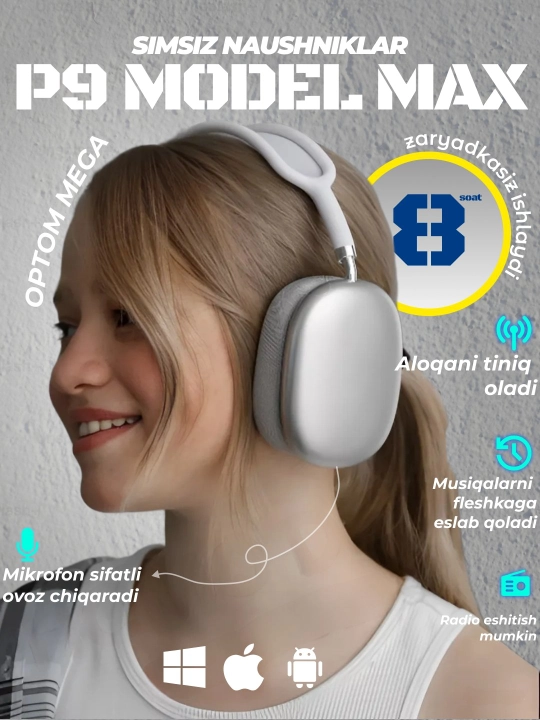 Simsiz Bluetooth P9 quloqchinlari mikrofon bilan ORGINA 100 A MAX