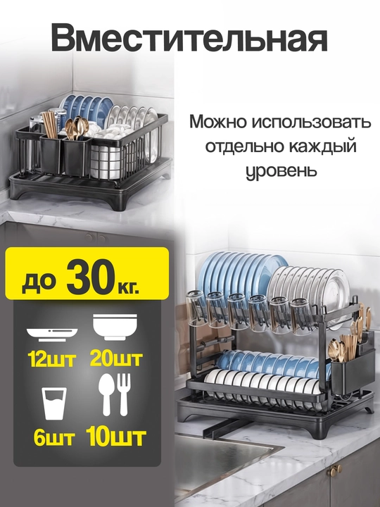 Сушилка для посуды, настольная, с поддоном и сливом