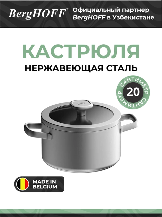 BergHOFF - Leo Grafit seriyasidan 20 sm zanglamaydigan po‘latdan yasalgan qopqoqli qozon - 