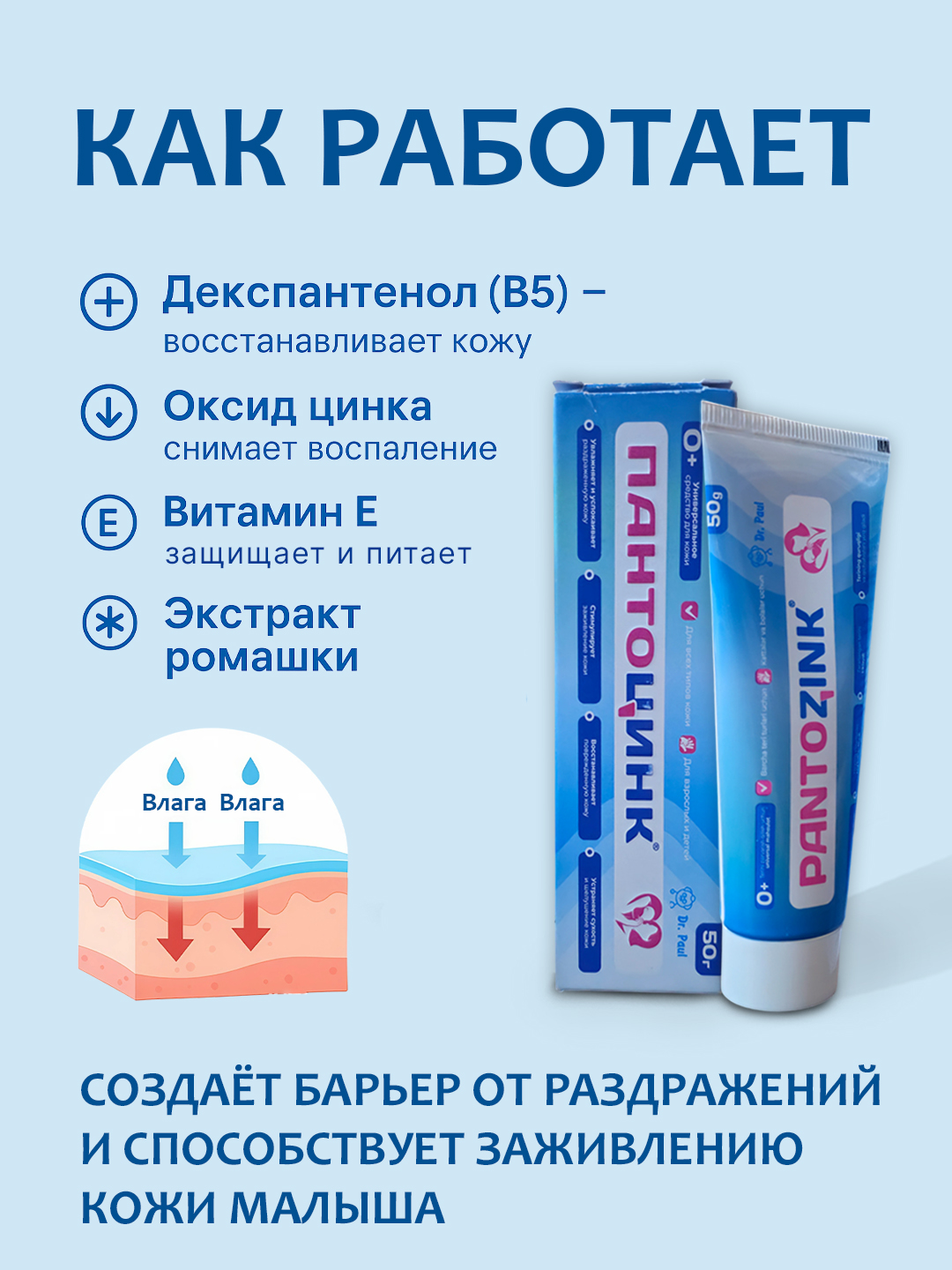 PANTOZINK ruh va pantenol qo'shilgan terini parvarish qilish uchun, universal malham, 50 g