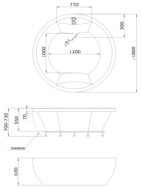 Dumaloq akril vanna 1MARK OMEGA 180×180 — dizayner, maksimal qulaylik