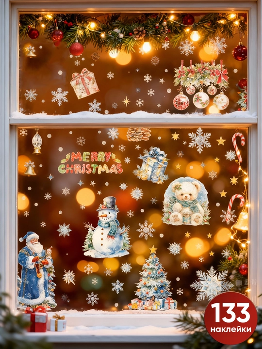 Yangi yil uchun derazaga statik ikki tomonlama nakleykalar to‘plami Ded Moroz, qor parcha