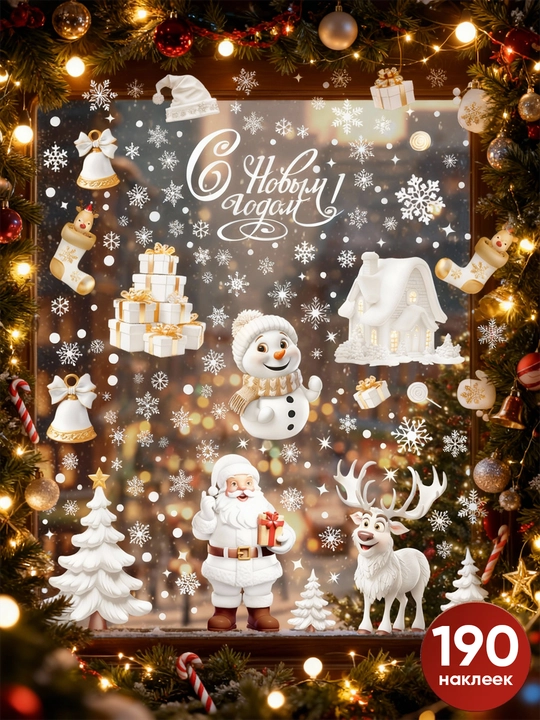 Yangi yil uchun derazaga statik ikki tomonlama nakleykalar to‘plami Ded Moroz, qor parcha