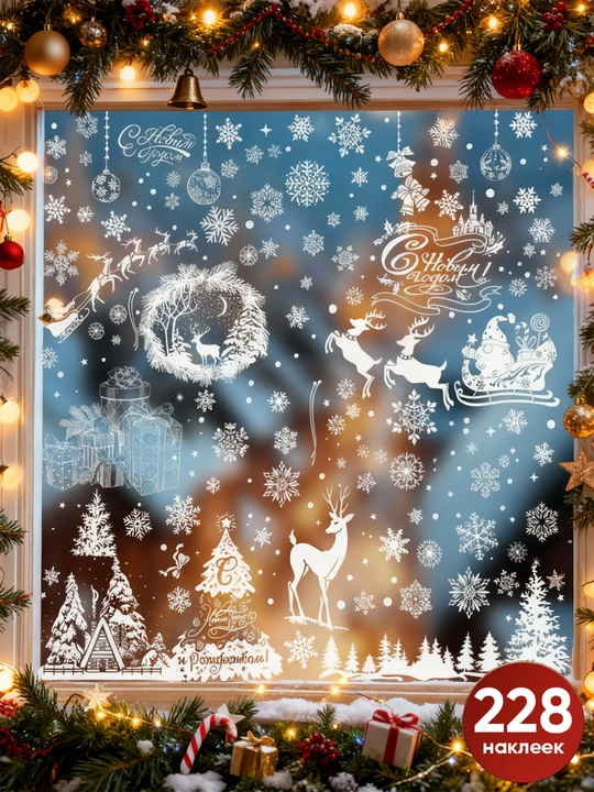Yangi yil uchun derazaga statik ikki tomonlama nakleykalar to‘plami Ded Moroz, qor parcha