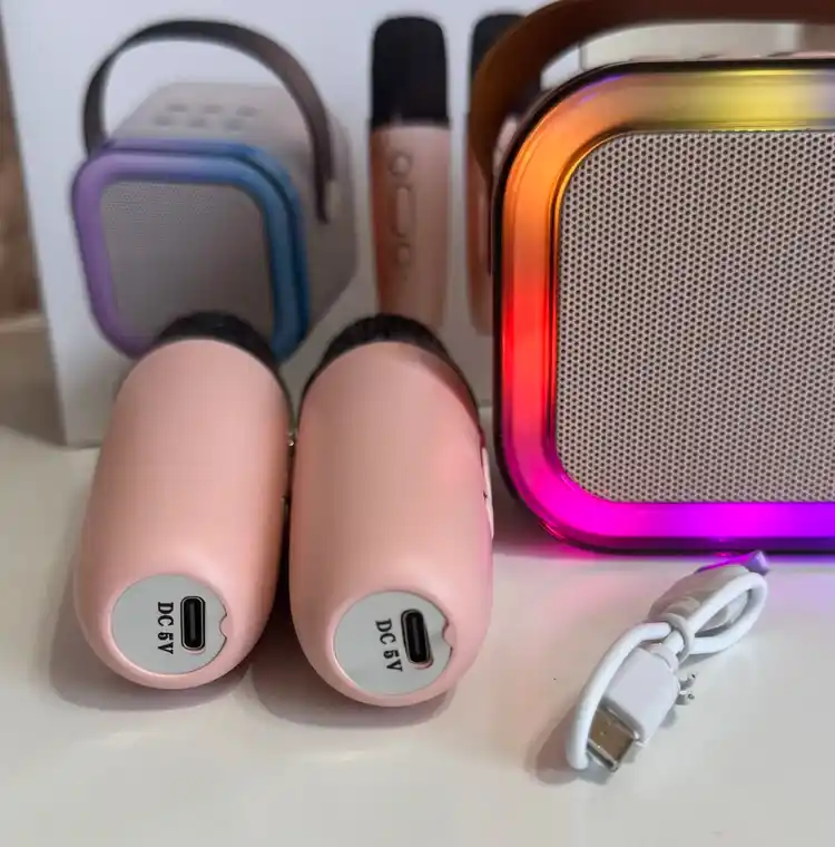 Musiqiy portativ karaoke kolonka, mini karaoke, Bluetooth, 2 simsiz mikrofon