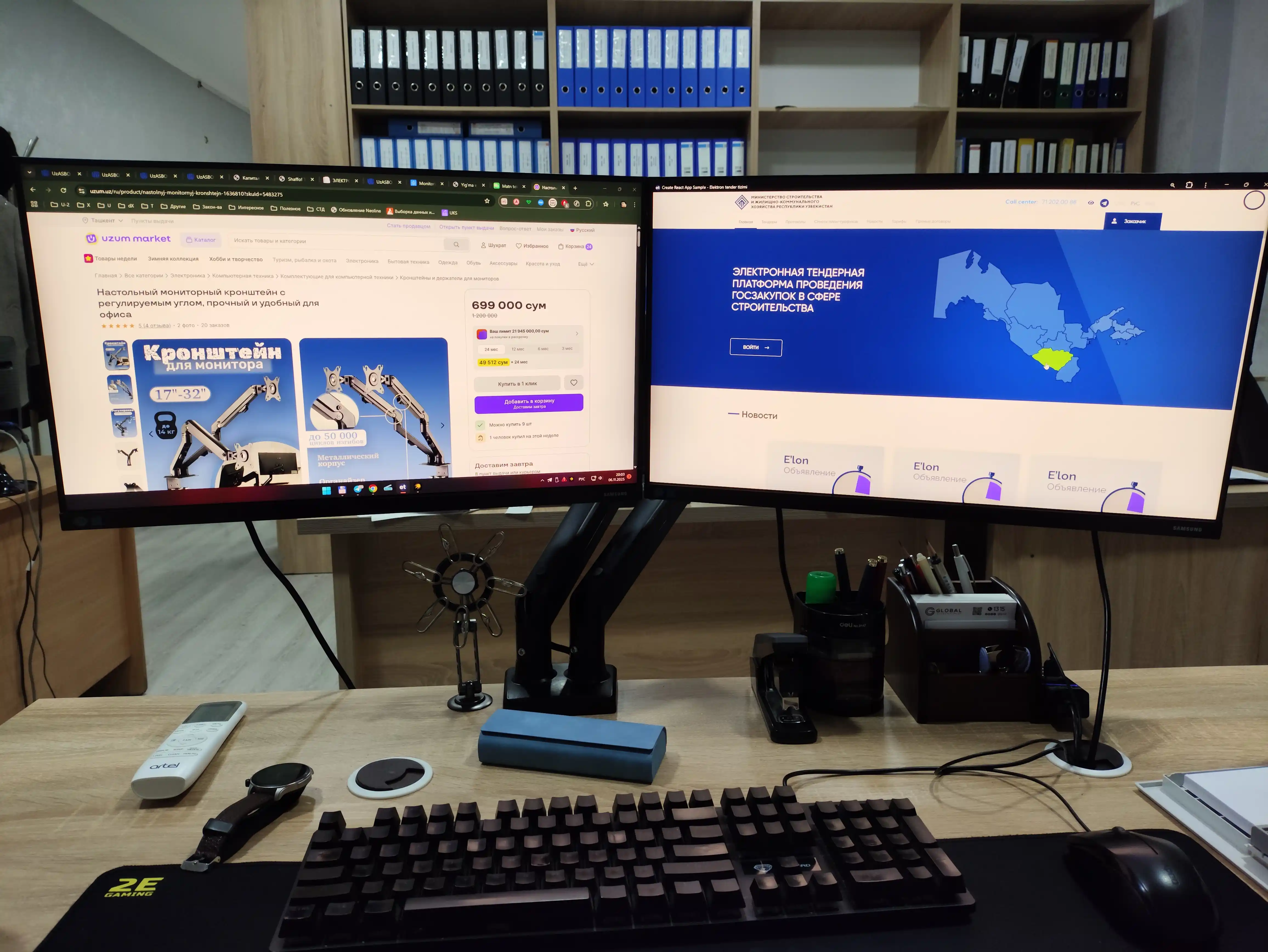 Sozlanadigan burchakli stol usti monitor kronshteyni, ofis uchun mustahkam va qulay