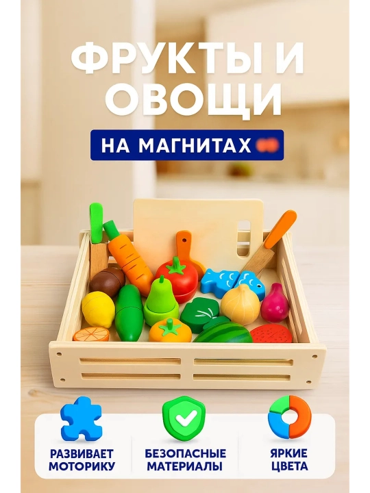 Yog'ochdan yasalgan meva va sabzavotlar magnitlarda o'yinchoq ovqat - 