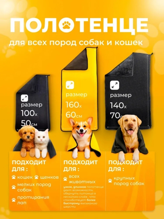 Полотенце для собак и кошек из микрофибры супервпитывающее большое 140х70