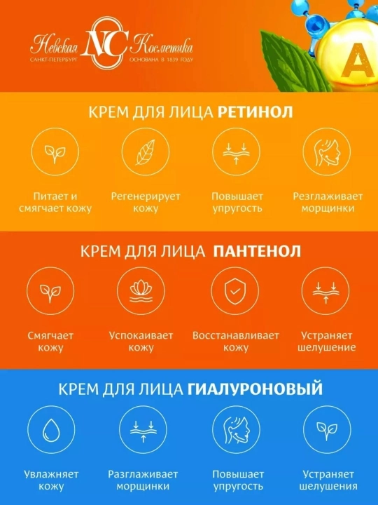 Krem yuz va qo‘l uchun Nevskiy kosmetika Retinol Pantenol Gialuron tungi va kunduzgi krem