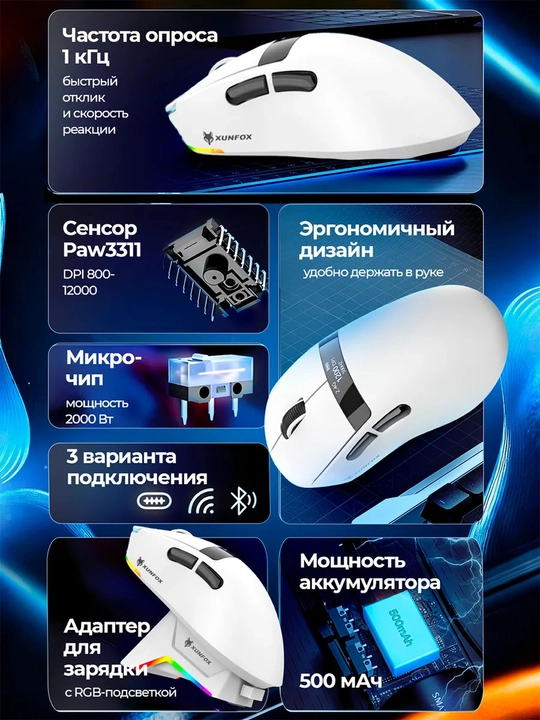 Kompyuter va noutbuk uchun XunFox H9PRO simsiz oʻyin sichqonchasi