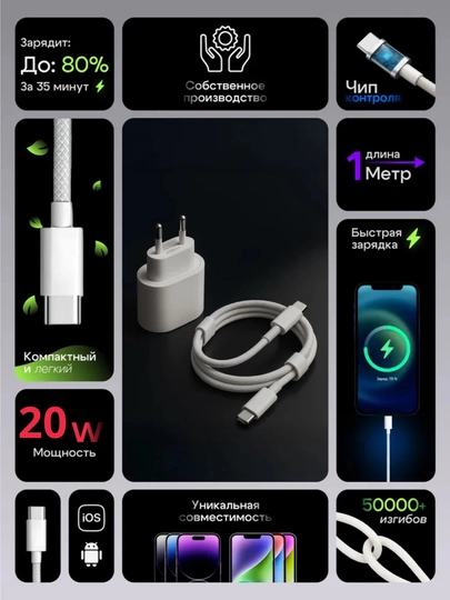 Зарядное устройство iPhone , ORG , блок + кабель +меркан Type-C/Lightning, быстрая зарядка