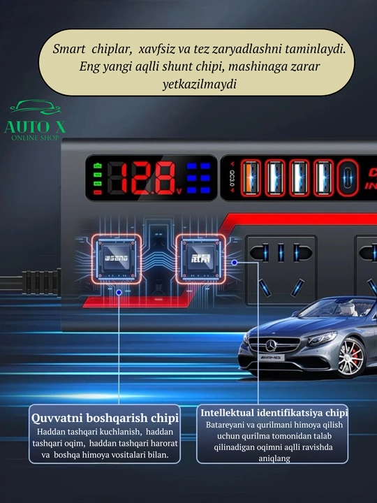 Avtomobil invertori 12V/24V → 220V — tez quvvatlovchi (yuk va yengil avtomobillar uchun)