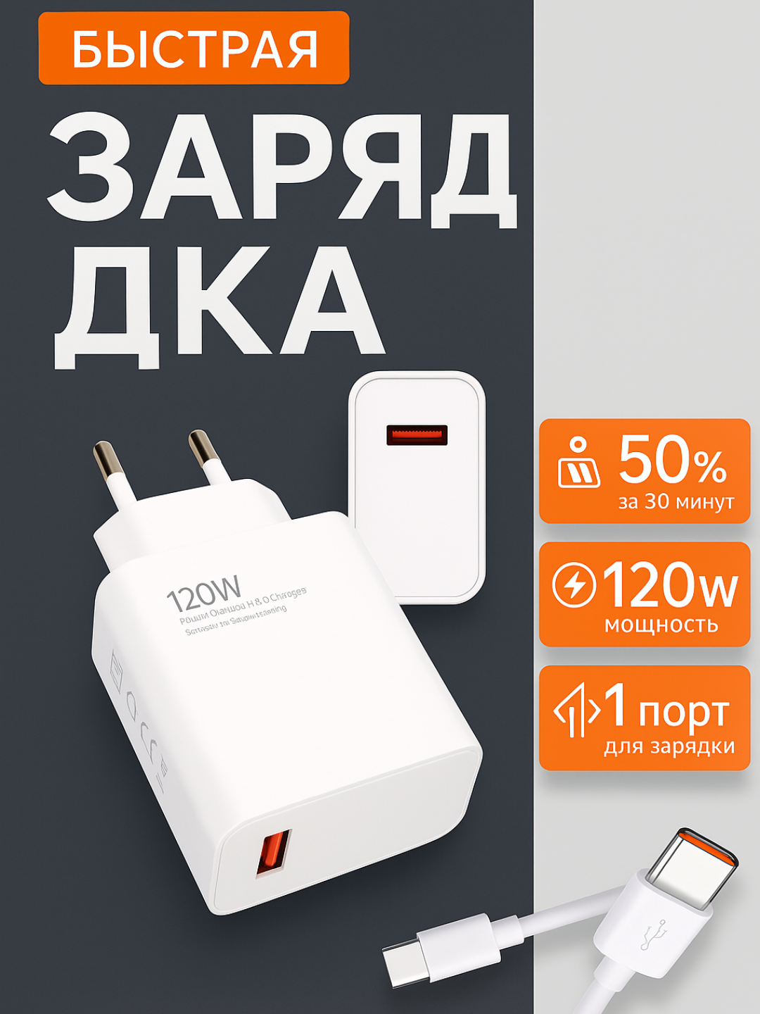 Быстрое зарядное устройство 120 Вт,150 Вт для Xiaomi и Samsung с кабелем Type-C/USB - 