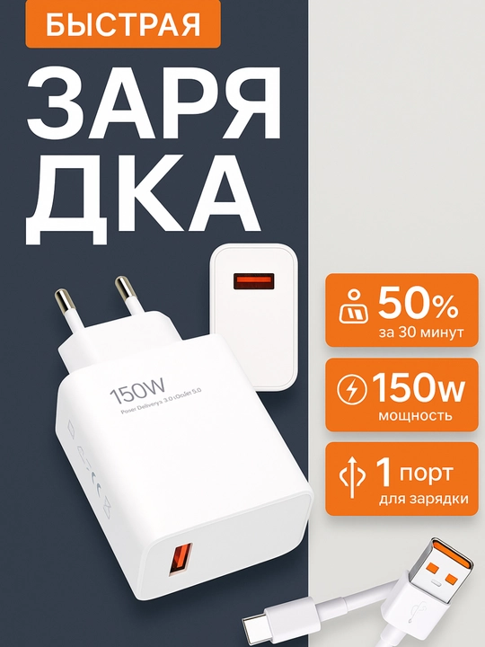 Быстрое зарядное устройство 120 Вт,150 Вт для Xiaomi и Samsung с кабелем Type-C/USB - 