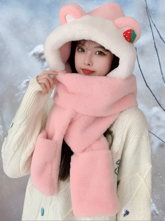 Шапка, шафр, варежки, 3 в 1, с ушками