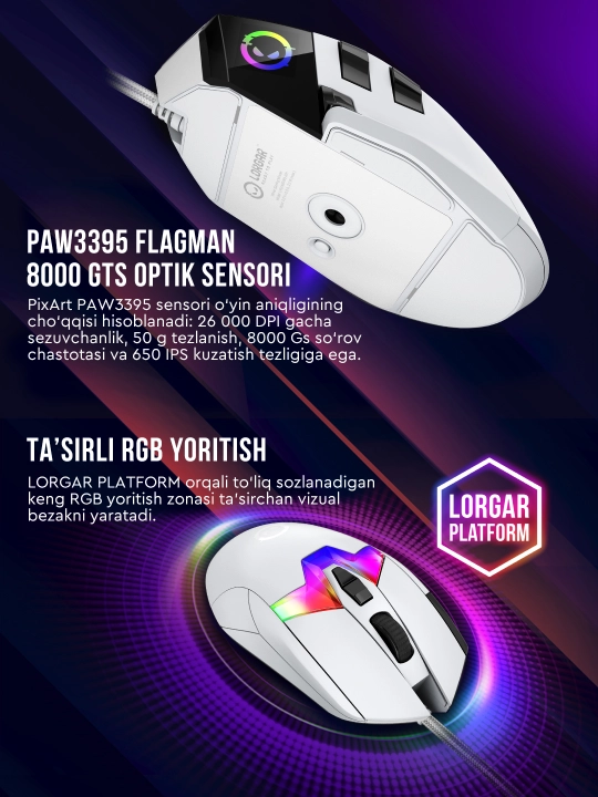 RGB yoritgichli Lorgar MSP80 simli o‘yin sichqonchasi