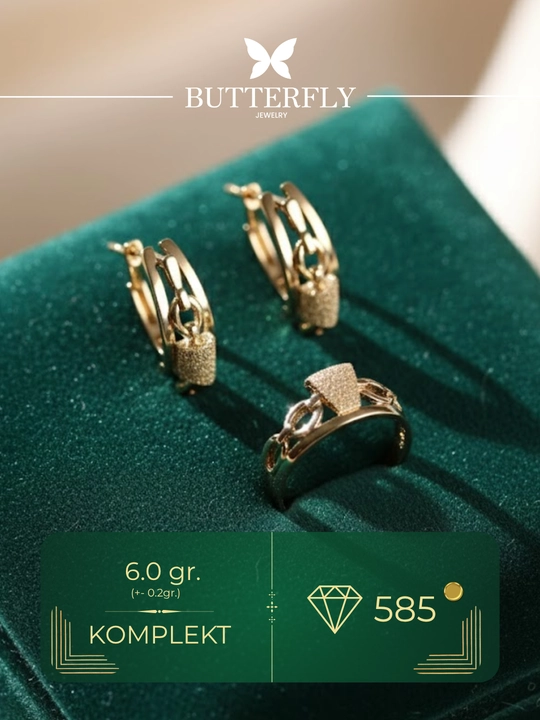 Oltin uzuk va ziraklar to‘plami, 6.0 g, B31K modeli, 585 probali oltin, BUTTERFLY GOLD - 