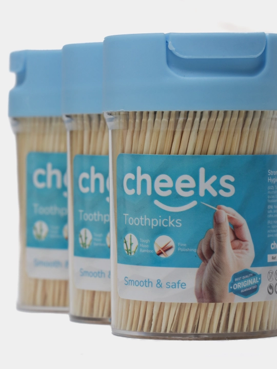 Cheeks bambuk tish cho‘plari, zubochistka, plastik idishda, og‘iz gigiyenasi uchun 400dona
