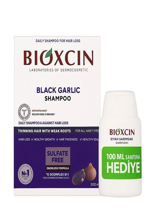 Qora sarimsoq ekstrakti bilan Biocxin shampun. 300 ml va bepul 100 ml - 
